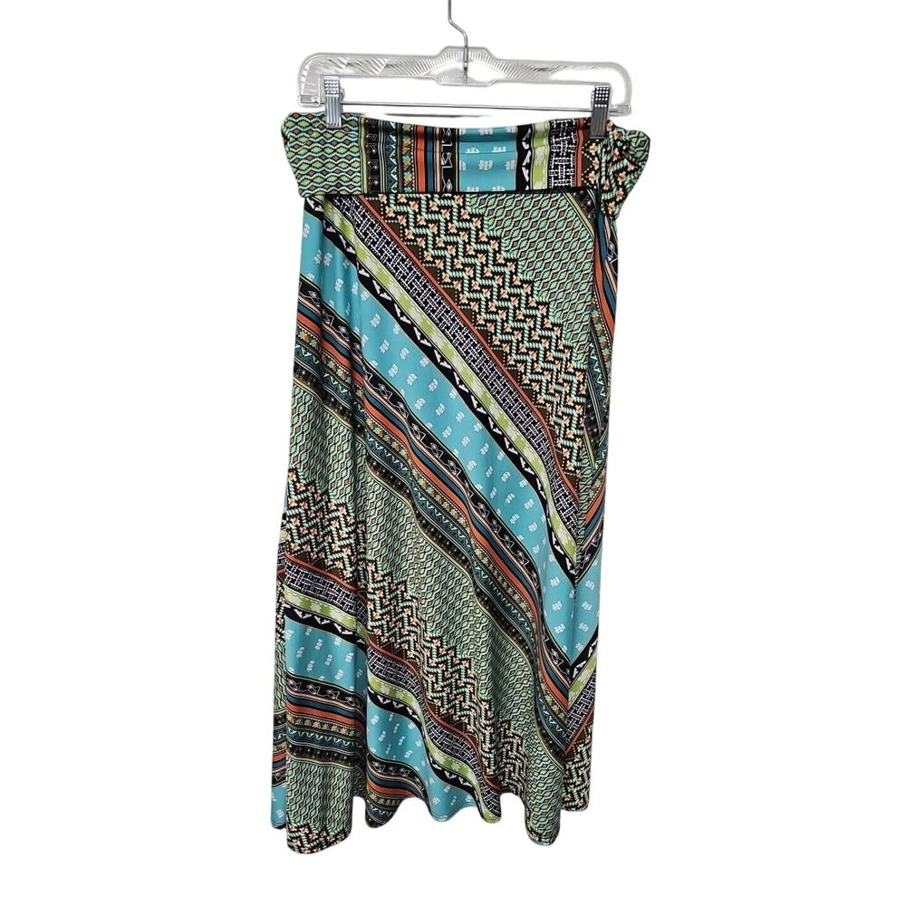 Sunny Leigh Maxi Skirt Large Mixed Print Stripe Aztec Boho Gypsy Stretch